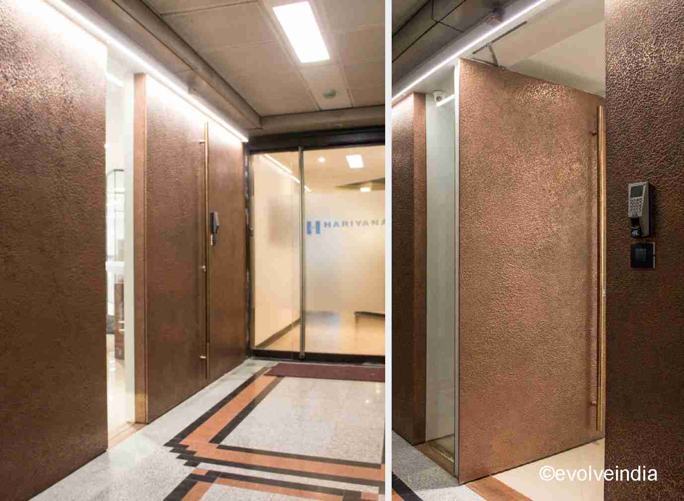 Entrance door designed with textured Copper finish by Evolve India