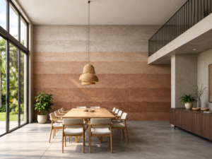 Modern villa dining room interiors crafted using earthy rammed earth wall surface design by Evolve Artisanal