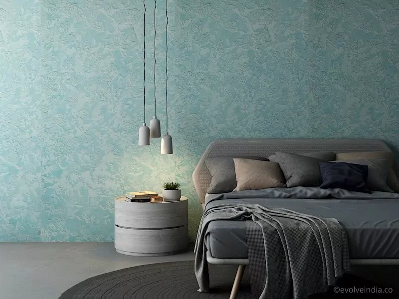 A Bed Backdrop Designed Using Textured Concrete Finish In the Design Monterrey Cadet Blue by Evolve India