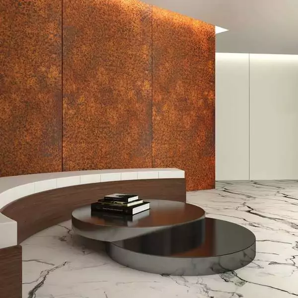 Lobby wall designed using liquid metal rust finish