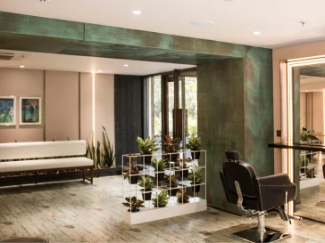 Exterior with green textured panels