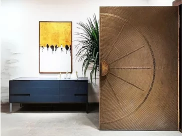 Contemporary bedroom with sculptural headboard
